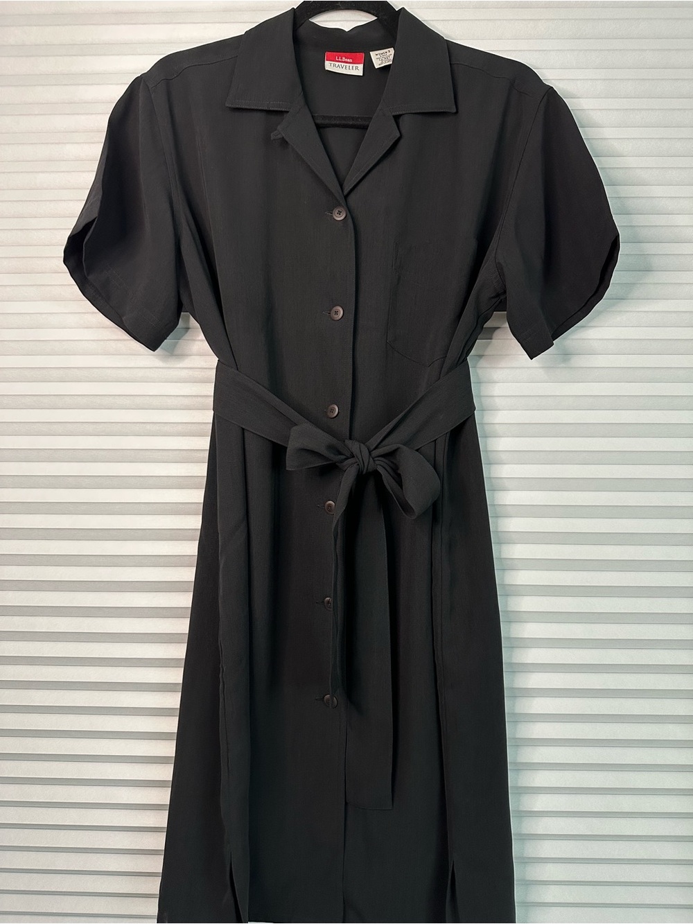 L.L. Bean - Traveler collection Black Short-Sleeve Shirt Dress with Waist Tie